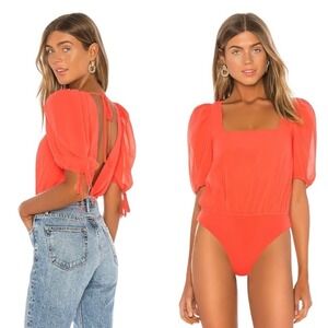 NWT Lovers and Friends Coral Bodysuit Square‎ Neck Tie Sleeve Puff 3/4 Sleeve